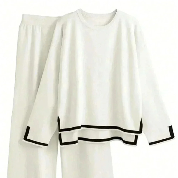 White Casual Women's Daily Color Block Sweater Set - Picture 1 of 8